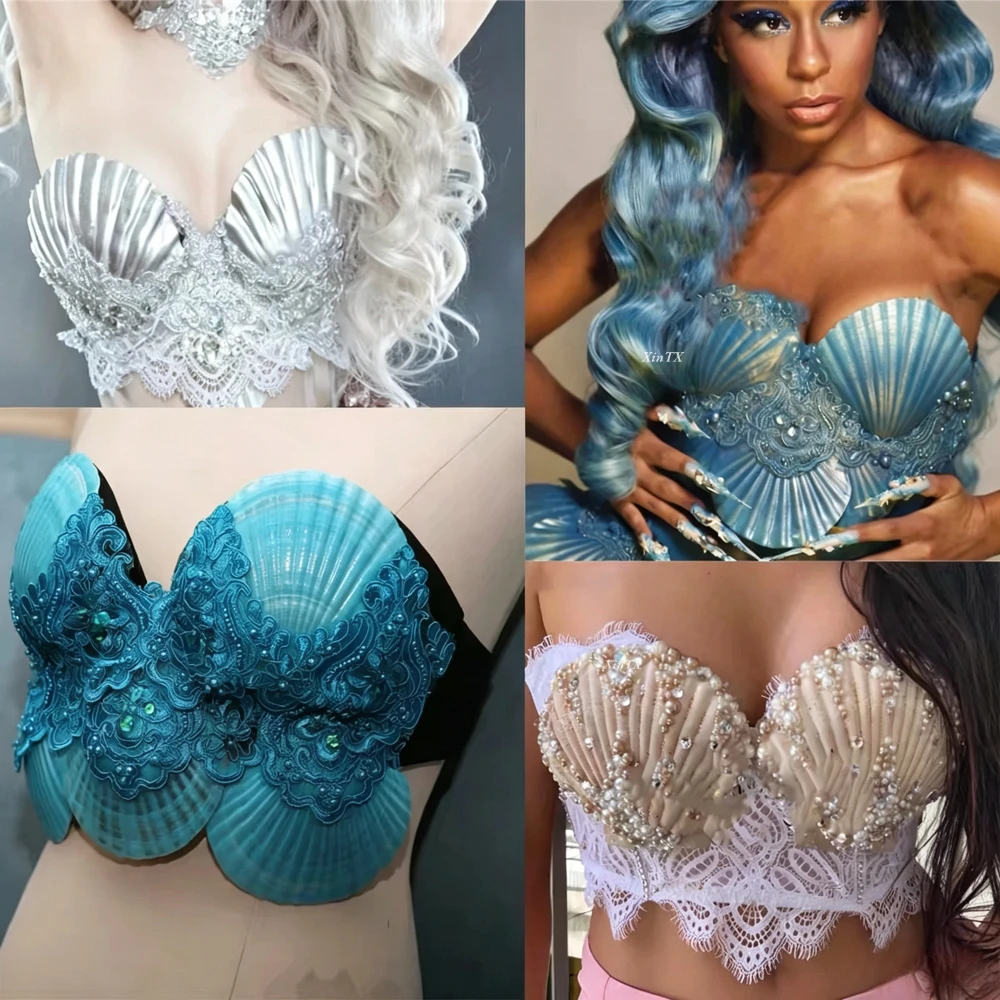 Ocean-style Bra with Natural Shell Bikini Paired with Mermaid Pearl and Scallop Bra Costume, Handmade with Surprise Gift