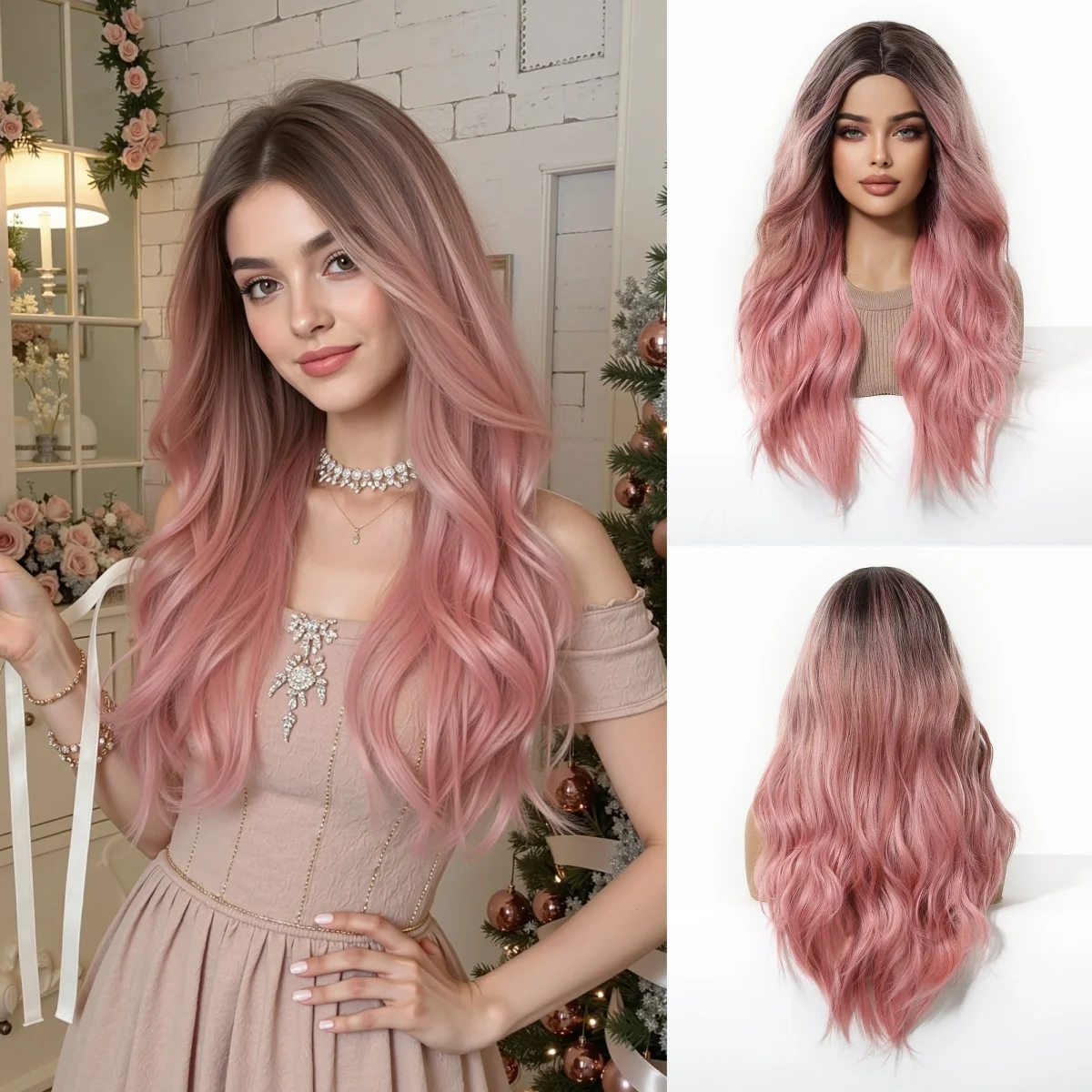 ALAN EATON Rosa gewellte synthetische Perücke, langer Mittelteil, dunkle Wurzelperücke für Frauen für die tägliche Weihnachtsfeier, hitzebeständige Faser