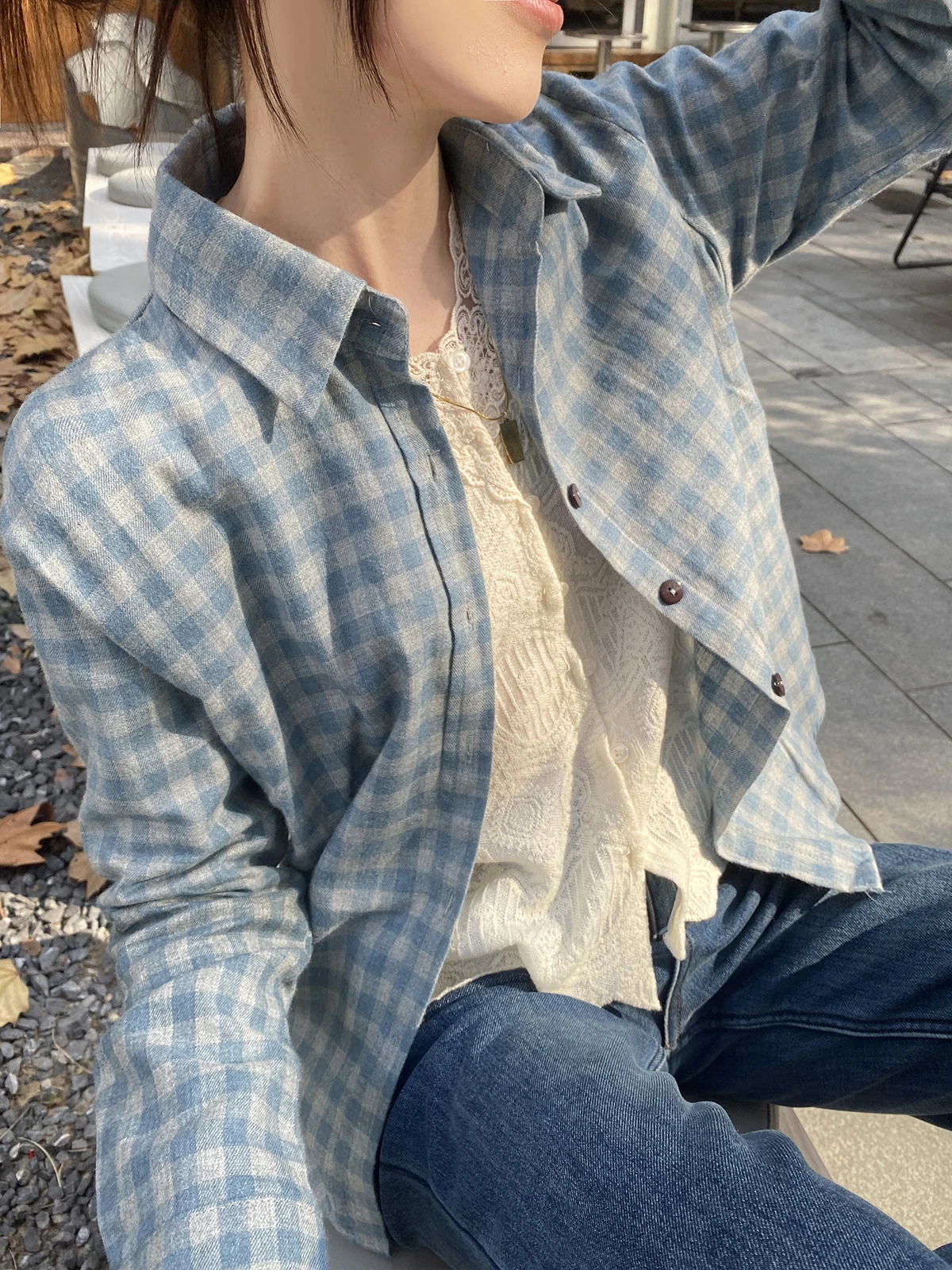 

FEELROOM Ретро синий клетчатый топ, повседневная внутренняя одежда, многослойный корейский топ для поездок на работу, маленький размер, женский хлопковый топ