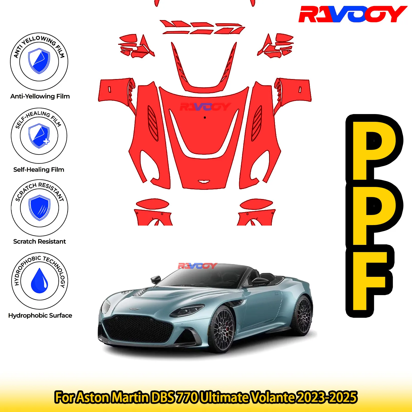 

Для Aston Martin DBS 770 Ultimate Volante 2023-2025, глянцевая матовая черная предварительно вырезанная передняя пленка PPF, защитная пленка для краски
