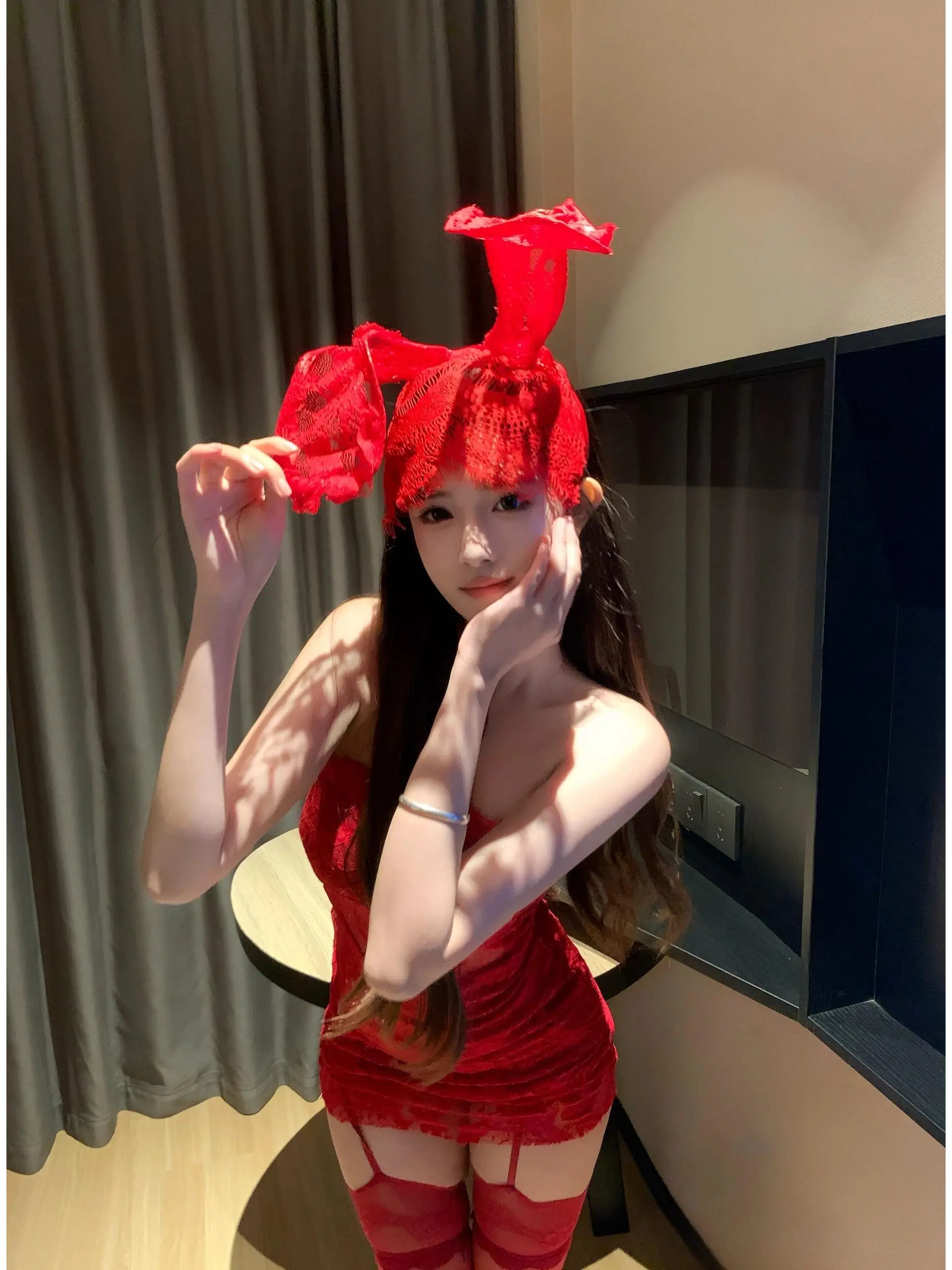 

Pure Desire Sle красный кружевной облегающий костюм Dr на Хэллоуин, головной убор с маленьким кроликом, сексуальный школьный orm Ladylike Faion Set