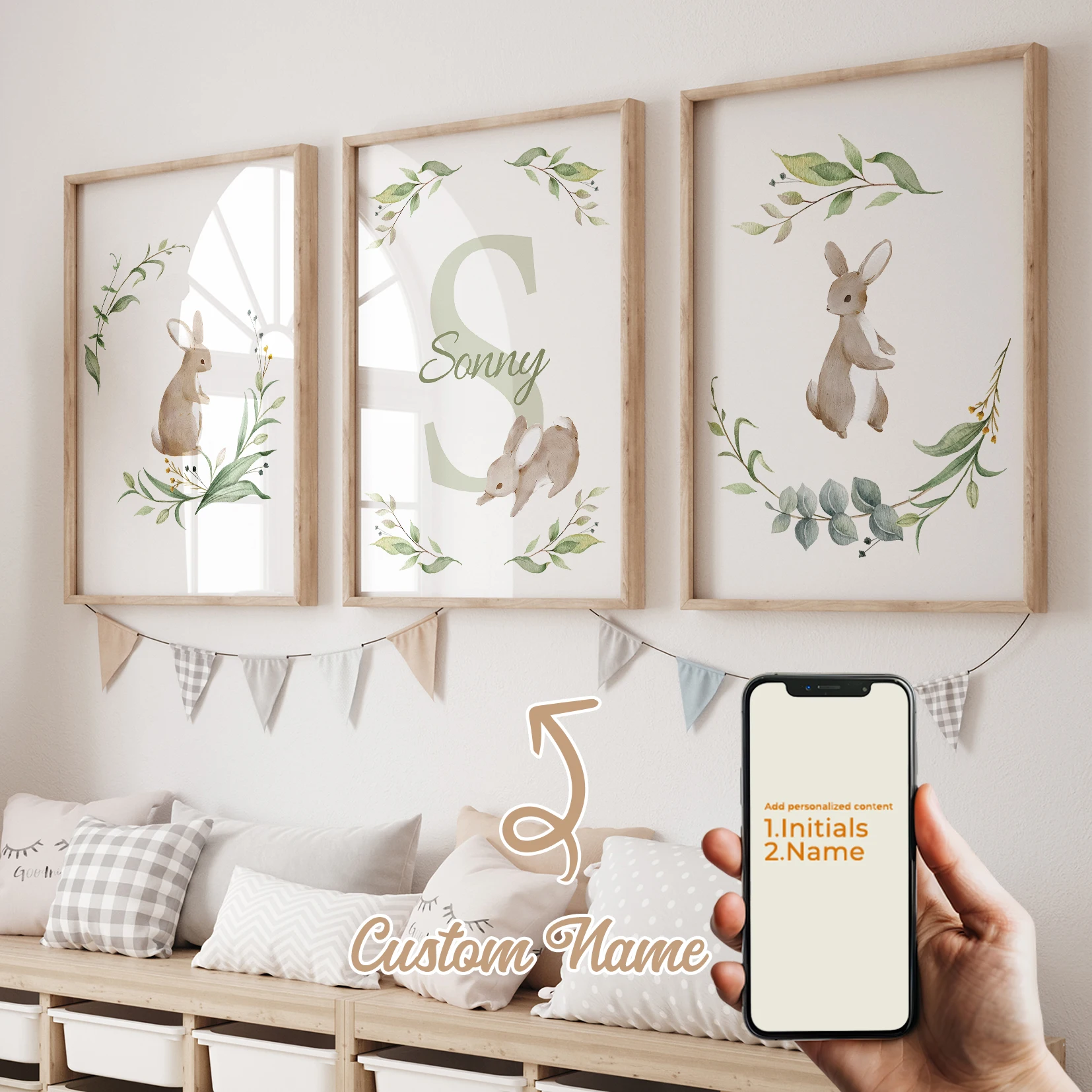 

Modern Personalized Name Custom Cute Rabbit Green Flower Wall Art Print Canvas Painting Poster Picture For Kids Room Home Decor