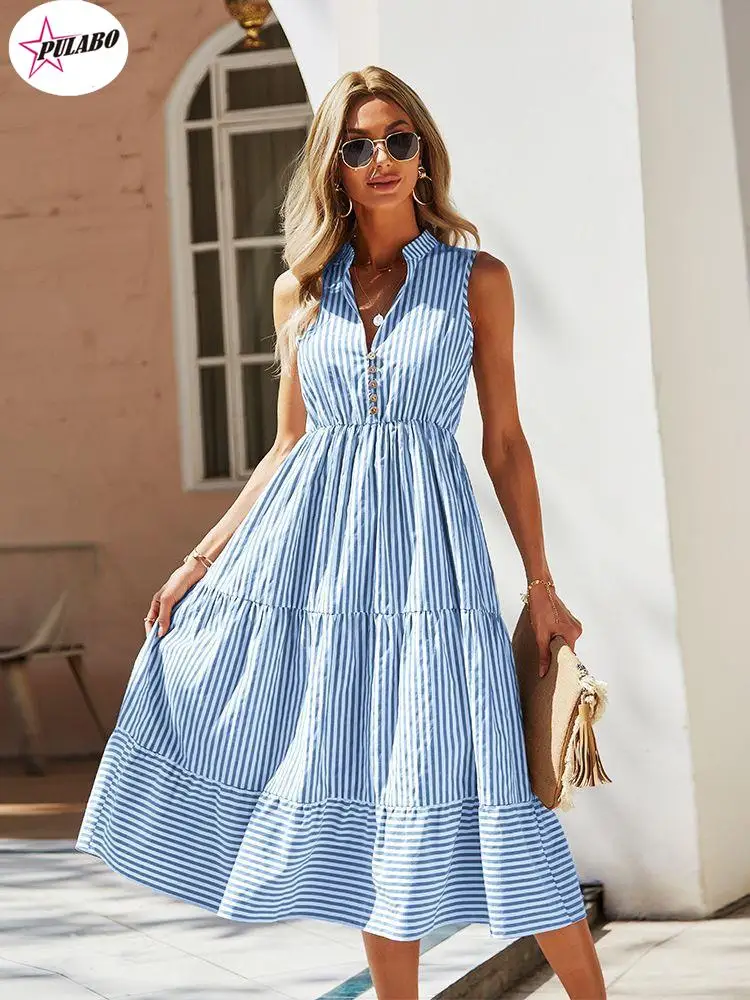 

PULABO Ladies Vintage Boho Summer Women Sleeveless Casual Holiday Striped Shirt Dress Sundress Outfits Female Robe Vestidos