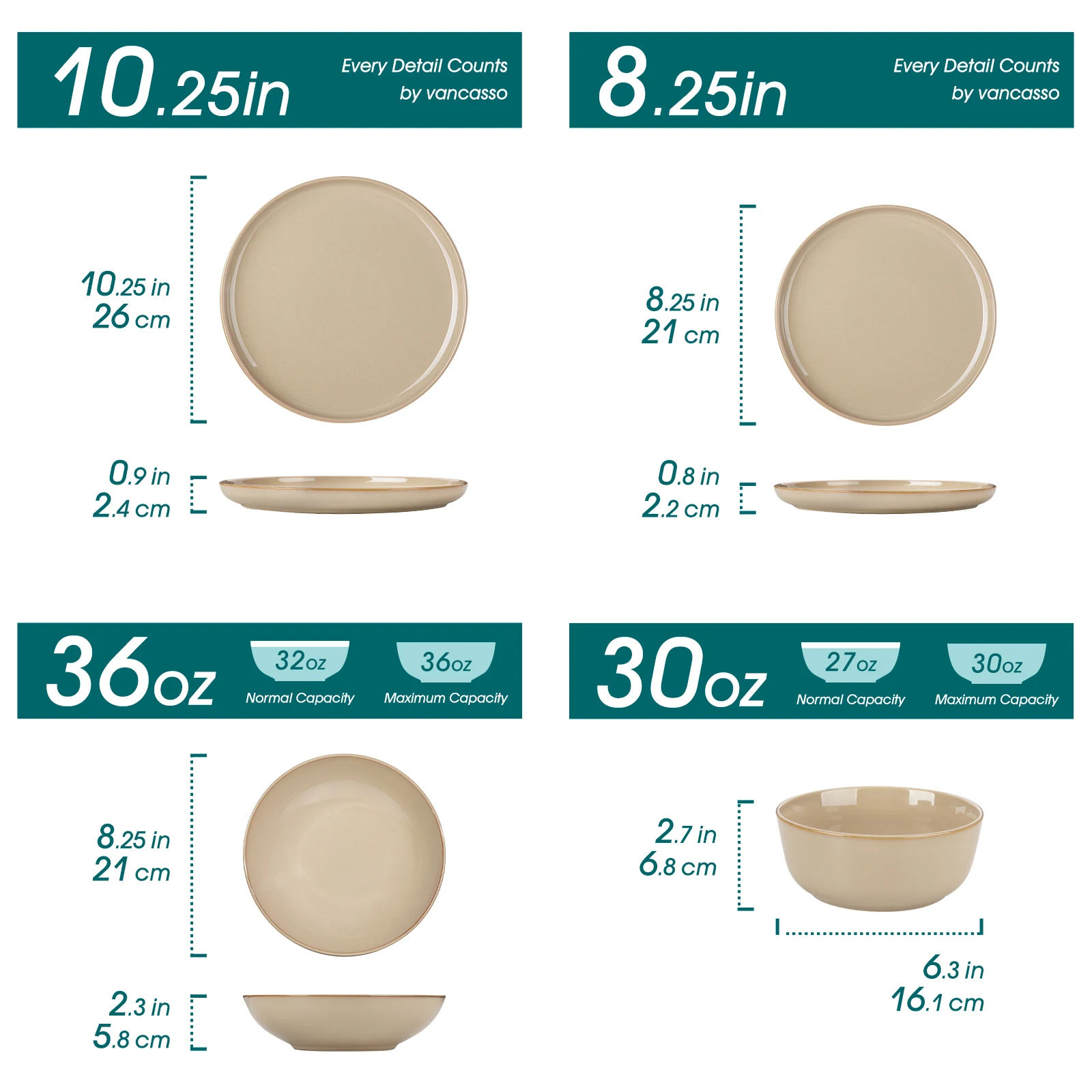 vancasso 12/16/18/24-delige Light-Brow reactieve glazuur steengoed borden set serviessets met 4/6 stuks dinerbord/dessert/kom