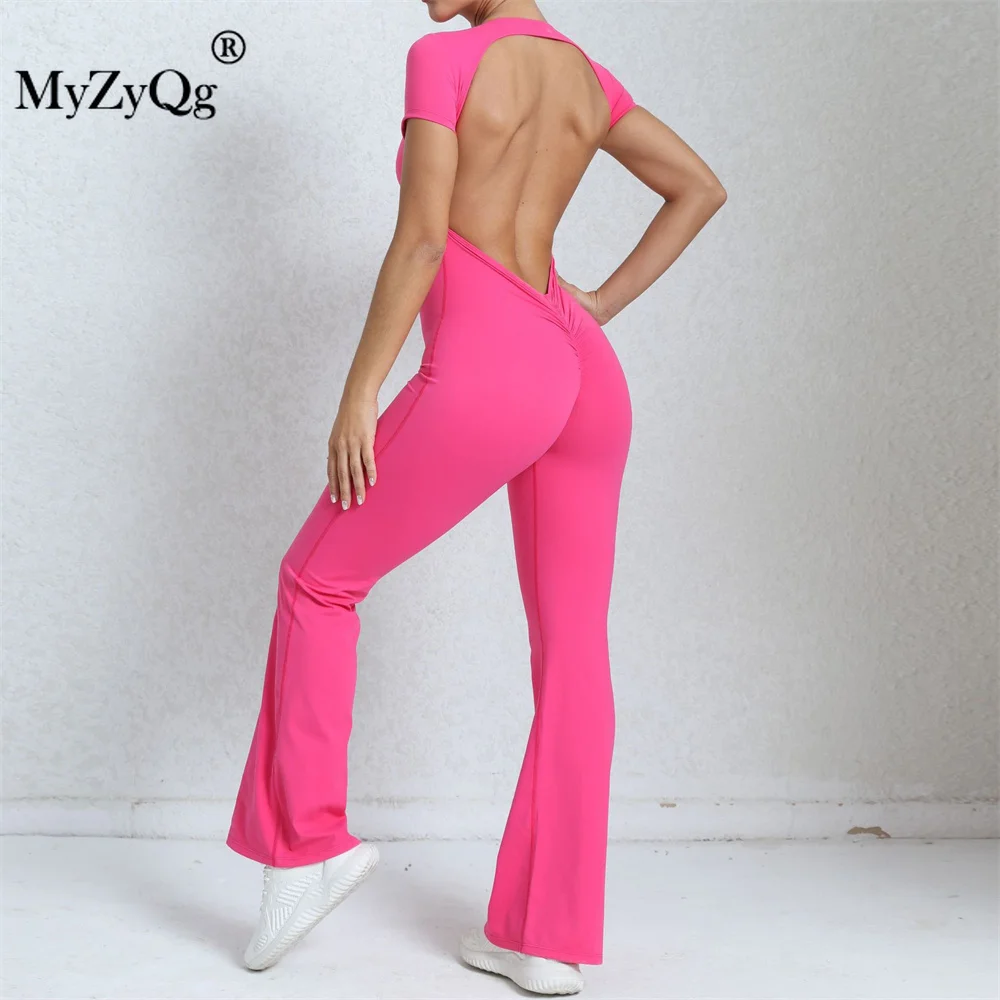 MyZyQg Women Ballet Dance Aerial Short Sleeve Yoga Jumpsuit Elastic Fitness Sports Tracksuit Gym Sportswear Flared Pants