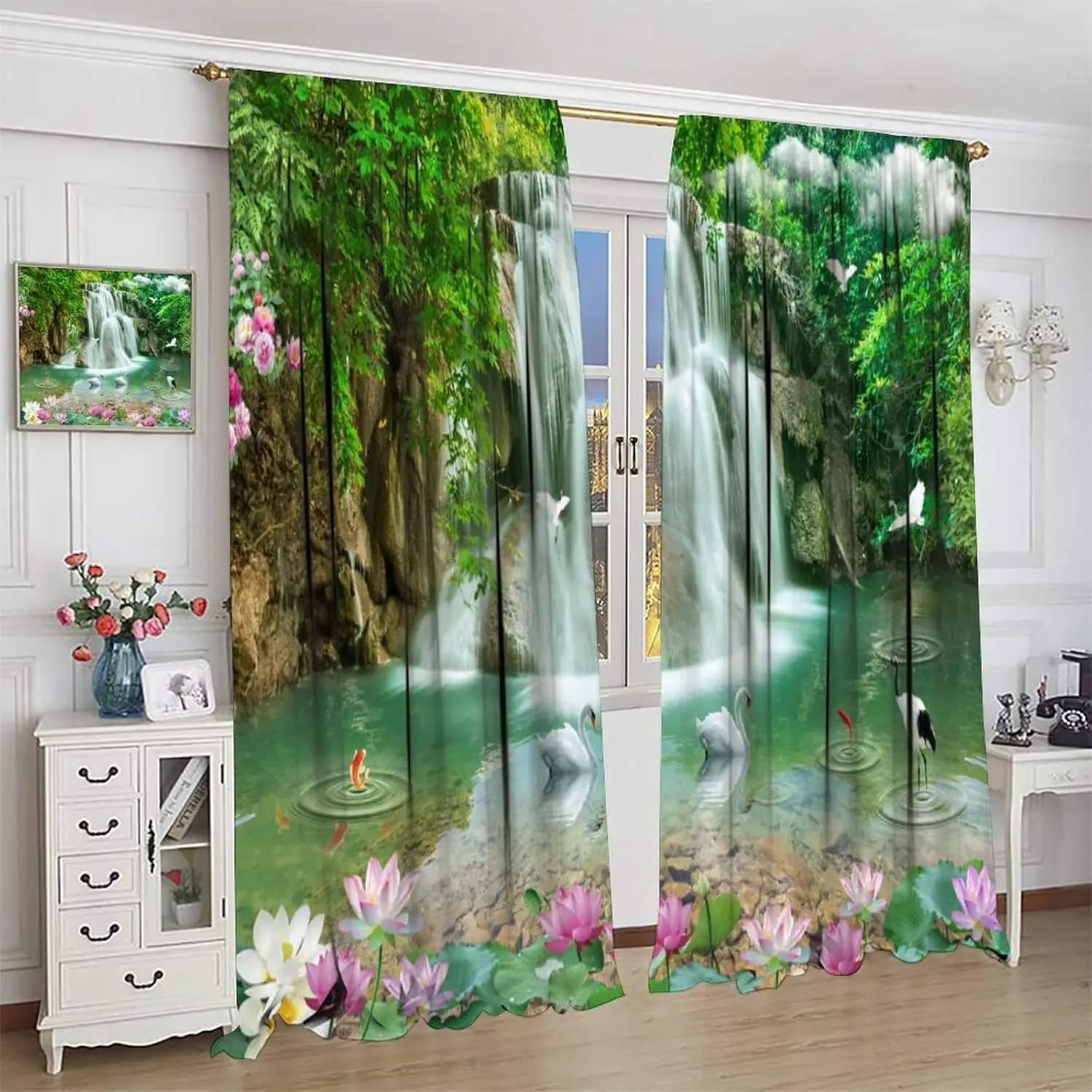 Waterfall Deocr Curtain, Japanese Style Waterfall Mountain Cloud Boat Flower Dreamy Scenes Home Decor Windows Rod Pocket Curtain