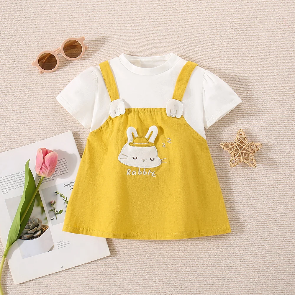 (0-3 years old) Summer baby girl cotton rabbit fake two-piece short sleeved dress girl cute princess dress