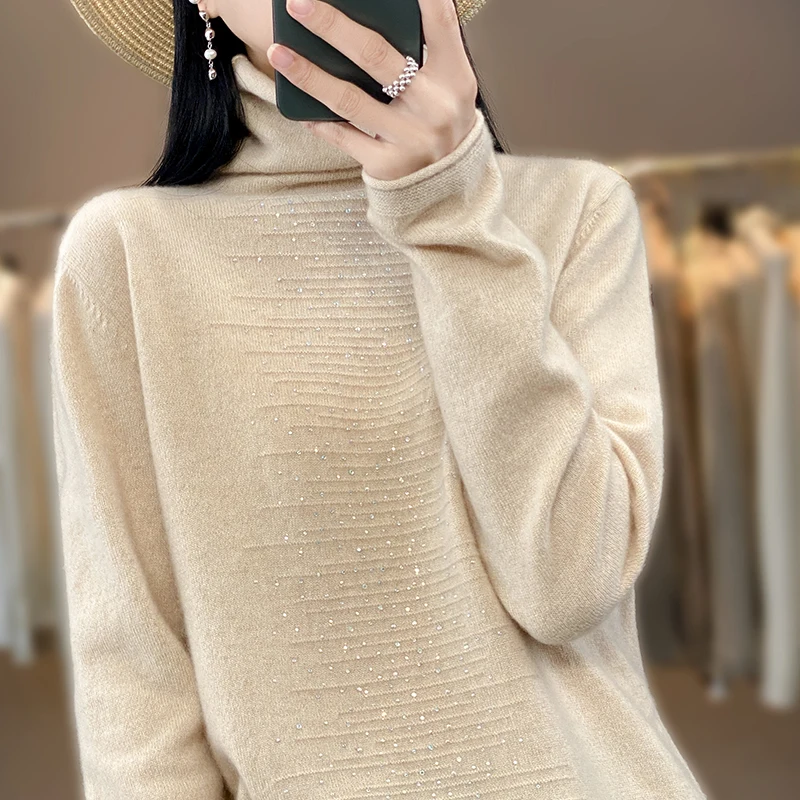 2024 Autumn/Winter New High Collar Sweater Women\'s 100% Pure Wool Knit Pullover Luxury Design Clothing Turtleneck Warm Sweater