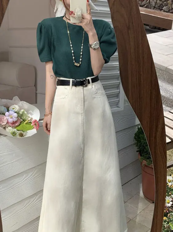 

Long A-Line Denim Skirt in Beige Color High Waist Zipper Design for Women Casual Ci Walk Sle Summer New Arrival