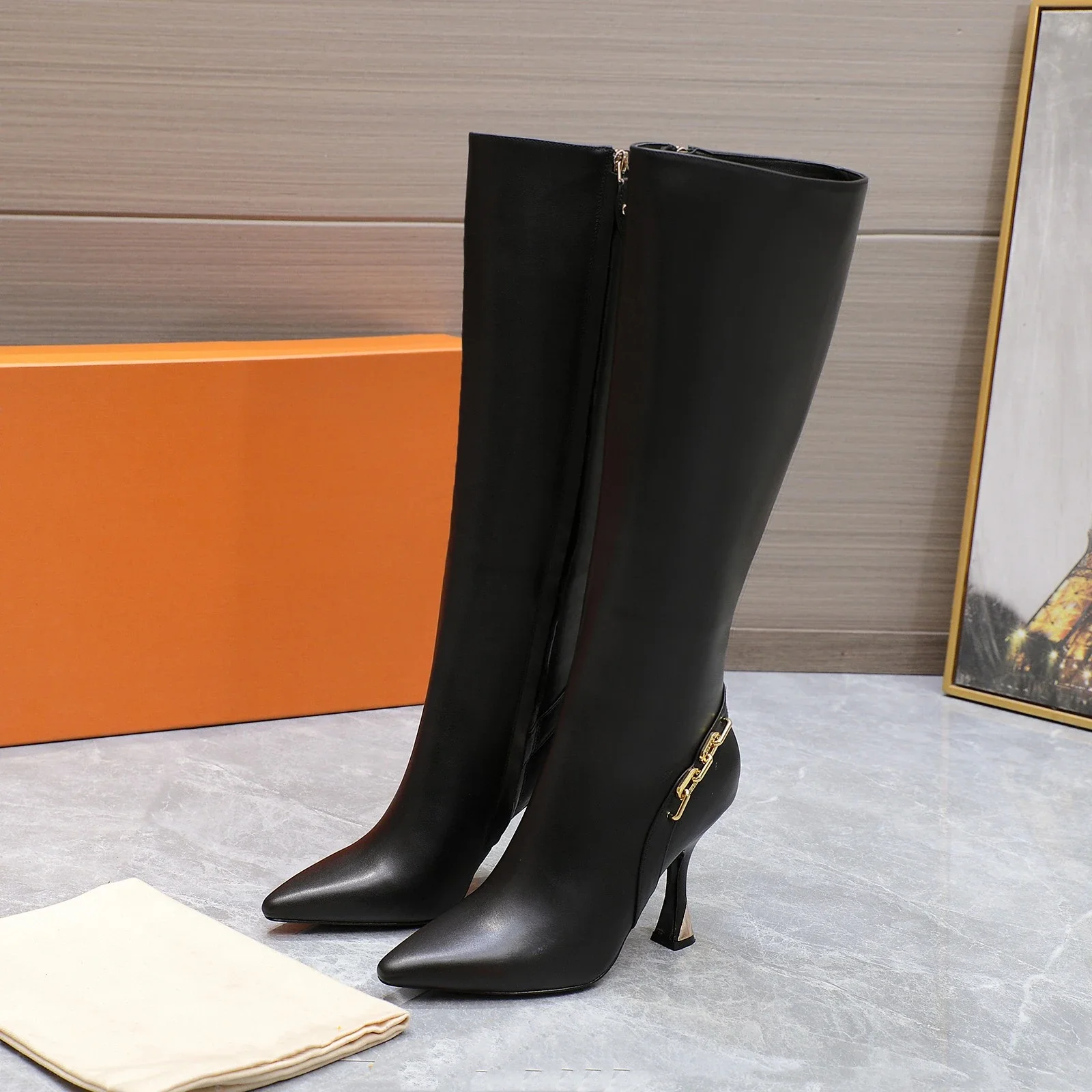 Shoes For Women Size35-42 Genuine Leather Boots Super High Heels Knee High Boot Metal Decoration Designer Shoes Zapatos De Mujer