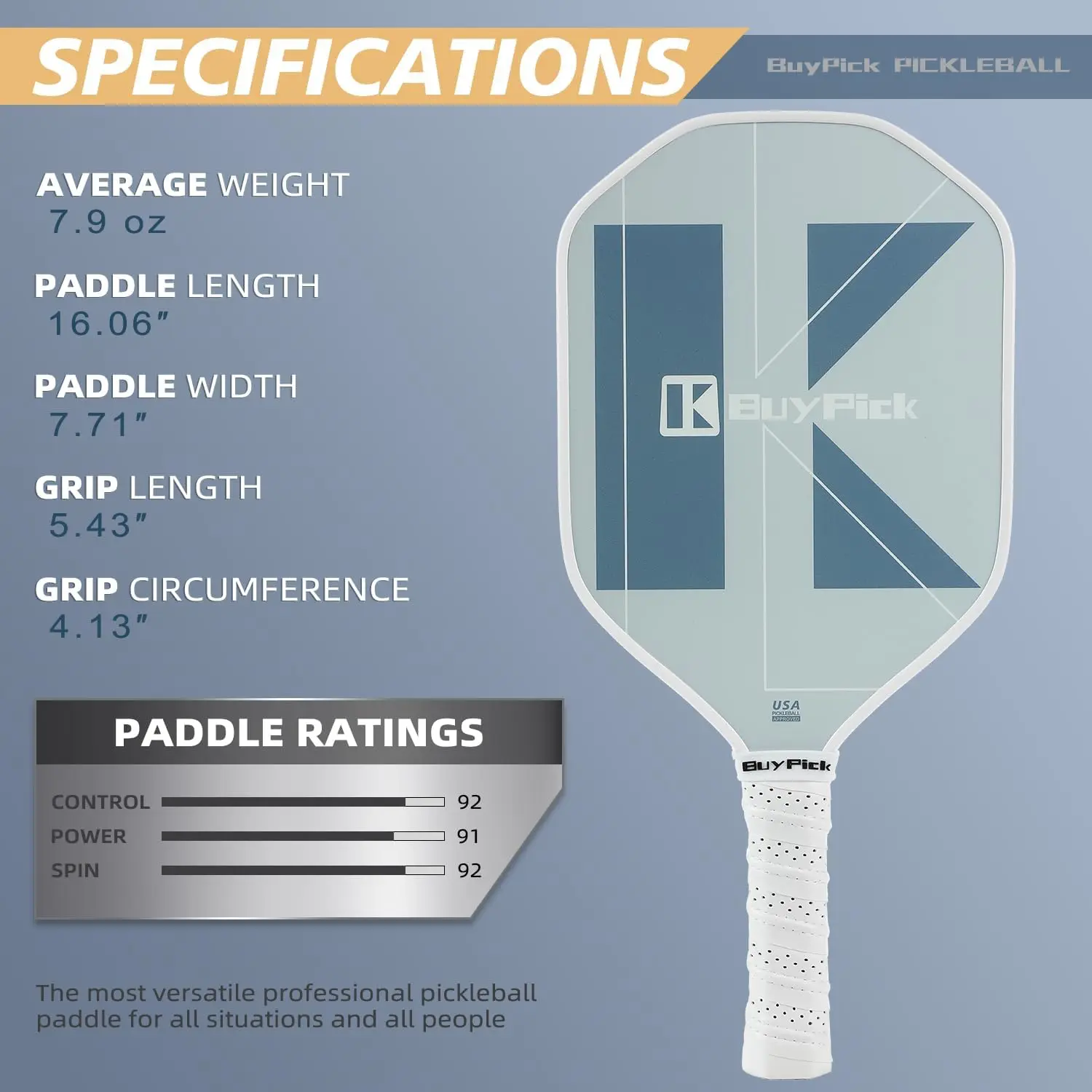 Paddle, Carbon Fiber Surface with Reinforced 16mm Polypropylene Honeycomb Core, Perforated Grip, USA Pickleball Approved,2 Pickl