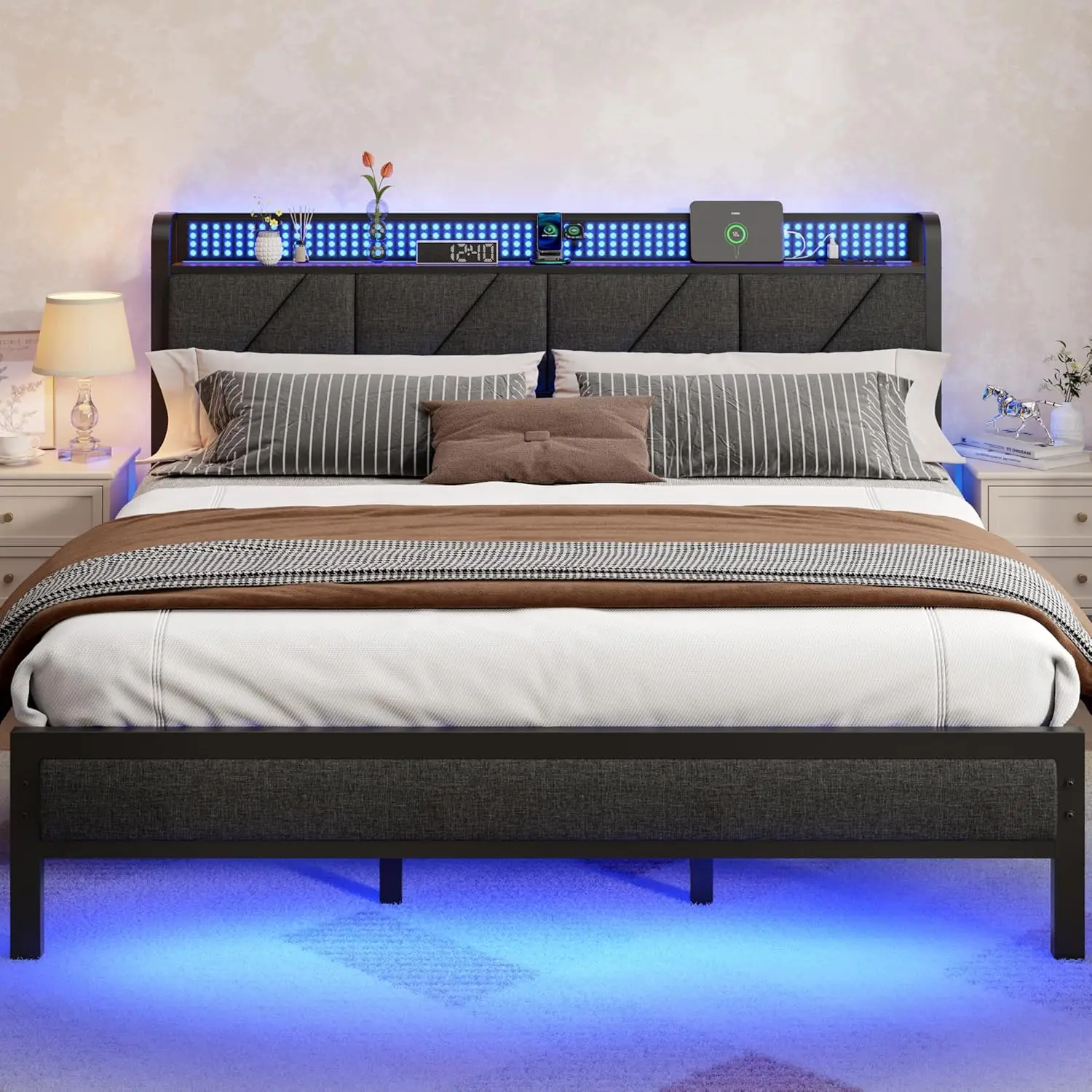 Bettgestell mit Kopfteil, LED-Beleuchtung und Ladestation, Metallplattformbett mit Hochleistungs-Lattenrost, Maßgefertigt