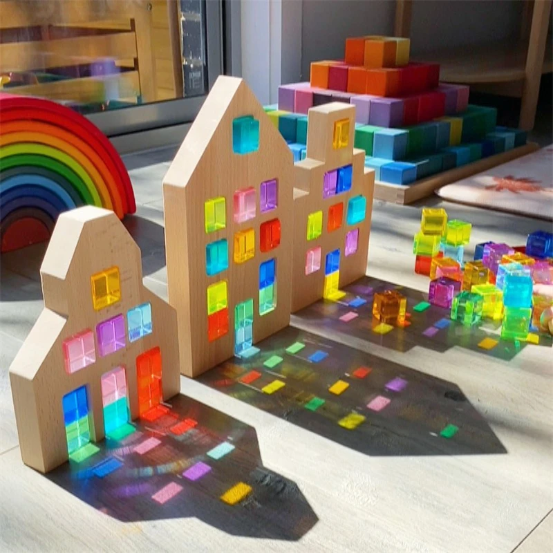 Wooden House Acrylic Lucent Cubes Kids Stacking Blocks Translucent Rainbow Gem Stone Stacker Open Ended Toys for Children