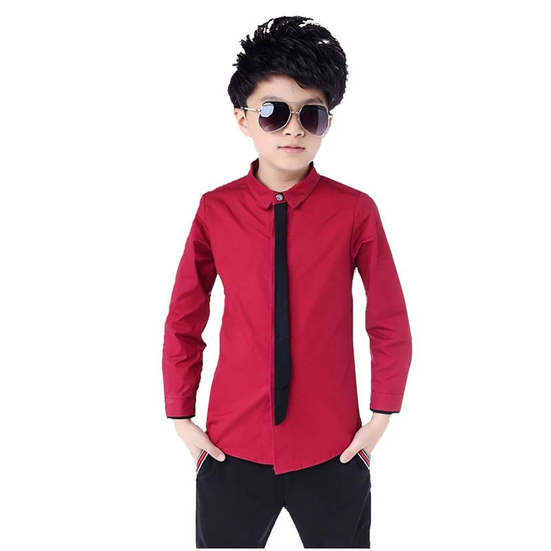 Hot Sale Boy\'s Red Shirts Spring Autumn Classic Solid White  Chinldren Tops Cotton Long Sleeve Shirt 6-14Years Clothes For Kids