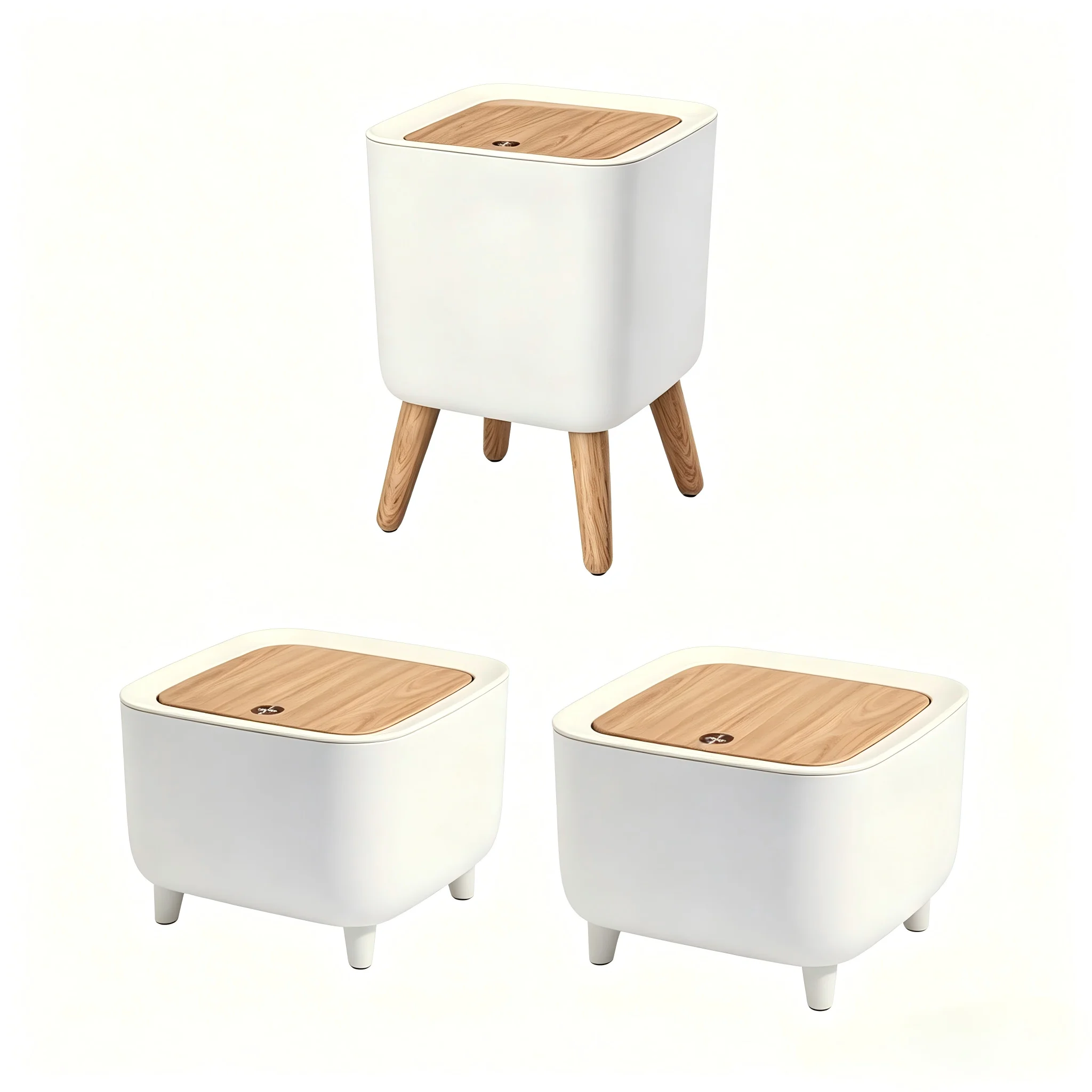 

Set of 3 Trash Cans - 7L Elevated Garbage Bin with Wood Grain Legs + 2x 2L Desktop Wastebaskets, Press-Top Lid, Minimalist Nordi