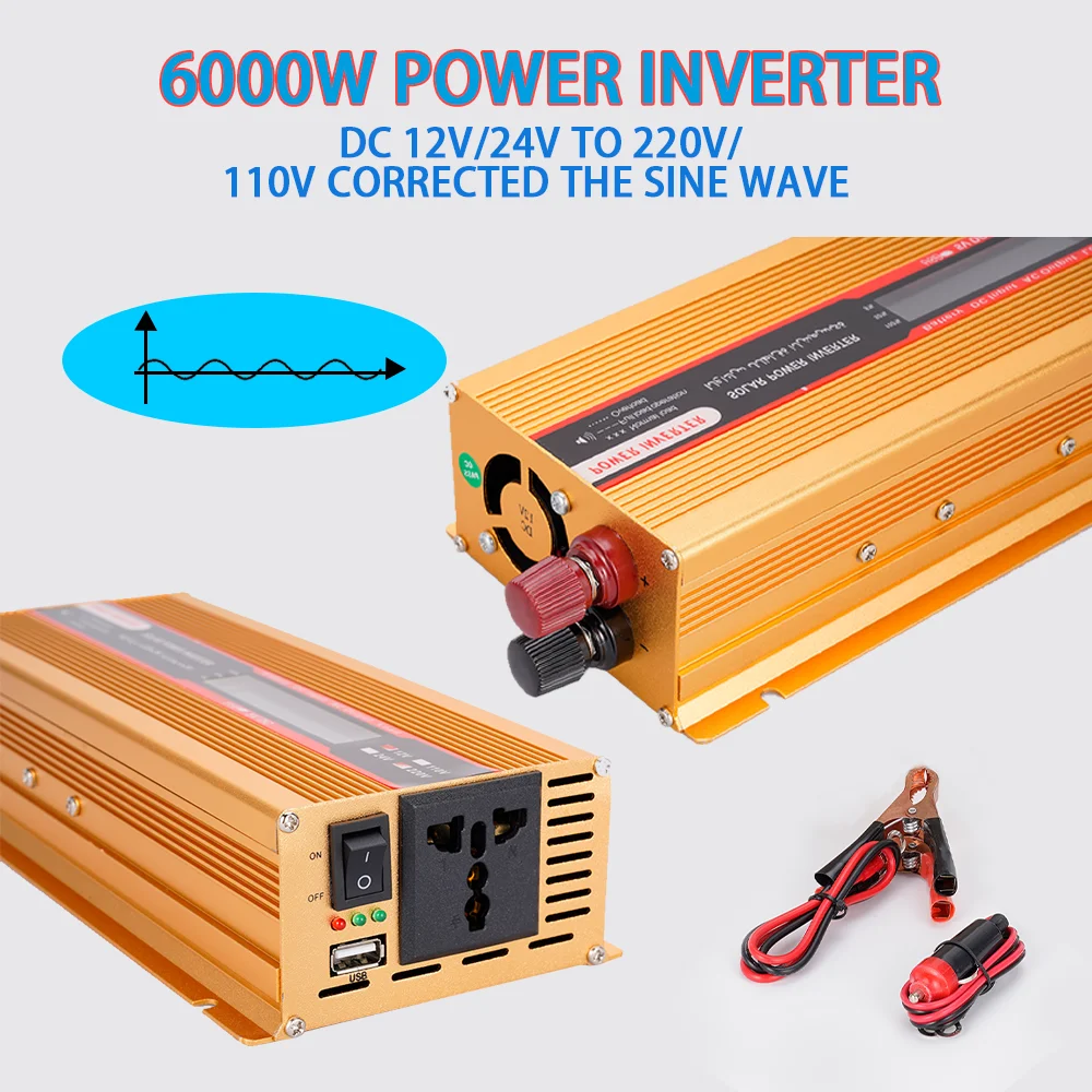 6000W Car Inverter Converter Modified Sine Wave Power  DC 12V To AC 220V Voltage Transformer Solar LCD Display Charger