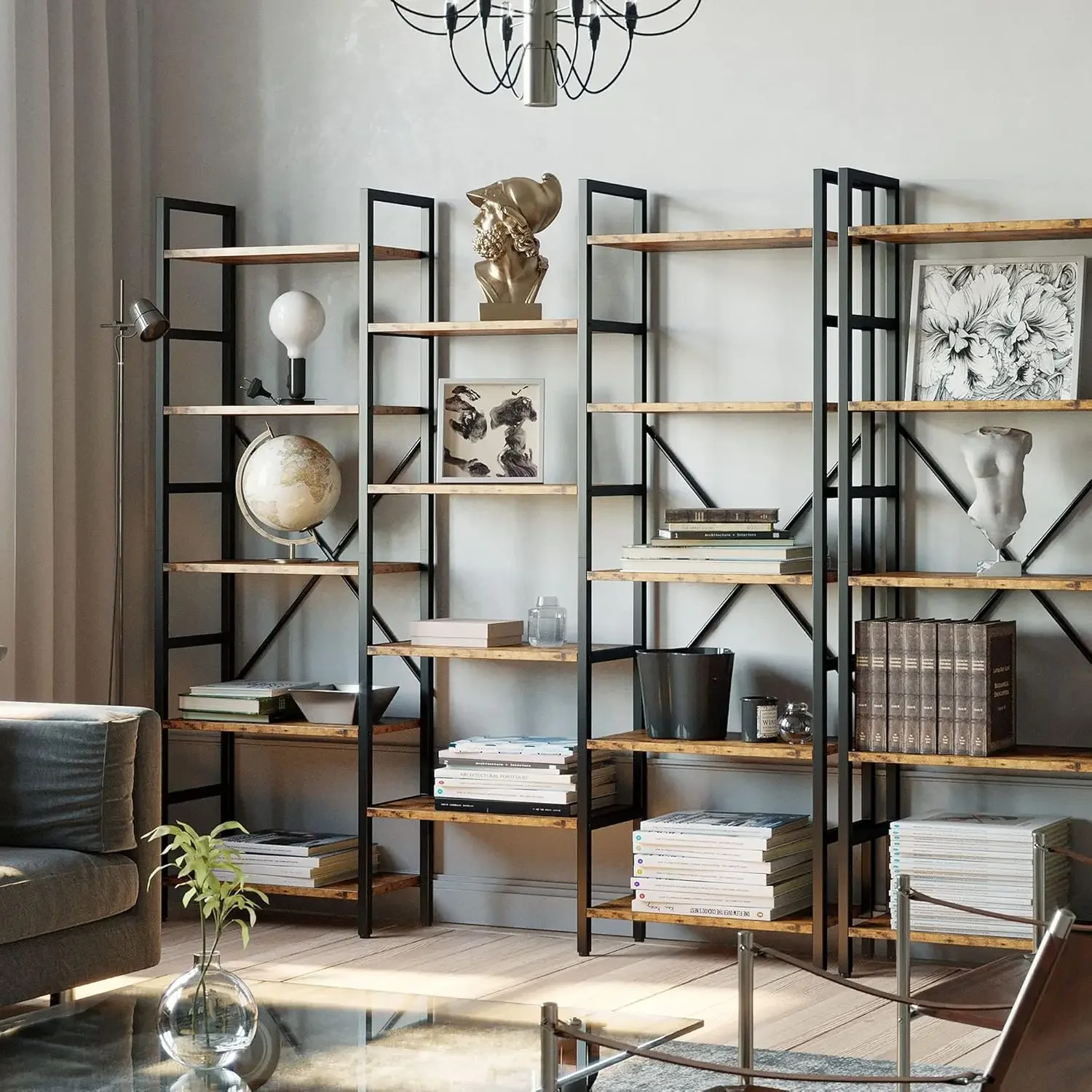 IlearCK-5-Tier Triple & Wide Industrial Bookcase, Open Exhibition Shelves