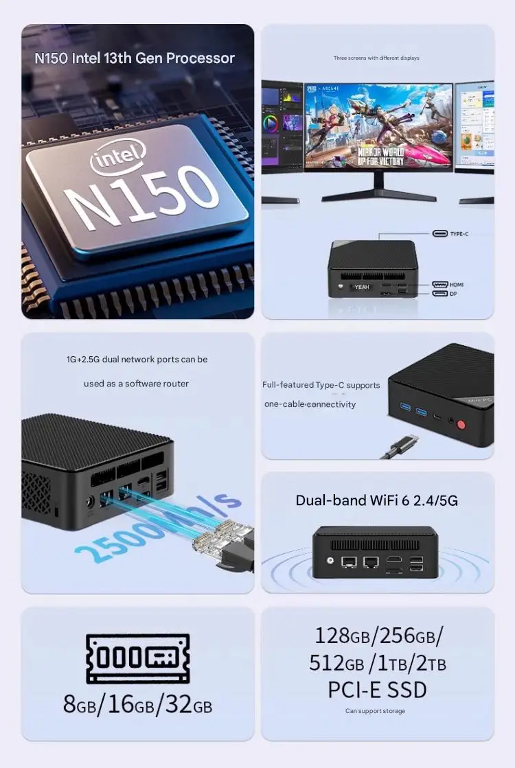 Intel N150/N100 Mini PC Micro NUC Quad-Core Business Desktop Portable Mini Chassis NAS - Compact Business-Class Compututer