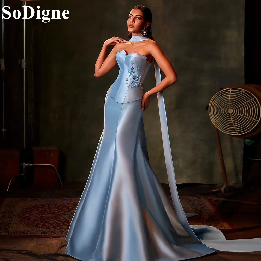 

SoDigne Elegant Sky Blue Satin Evening Dresses Mermaid Ribbon Strapless Appliques Party Dress 2025 Formal Prom Gowns Customized