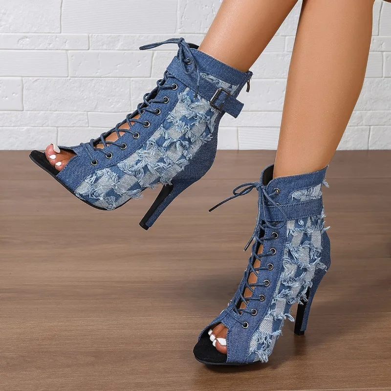 Rubber Sole Latin Dance Boots Sexy Modern Shoes Dance High-heeled 6-8cm Sandals Lace-up Hollow Belt Buckle Fashion Square Denim