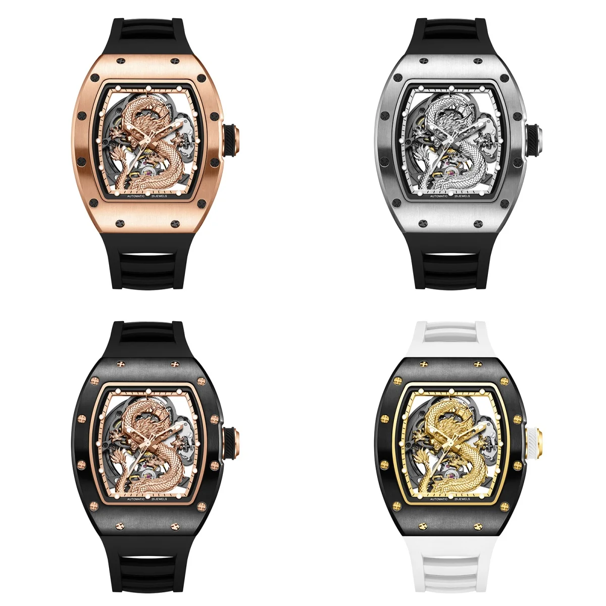 Мужские автоматические часы Tonneau, механические наручные часы, 3 бара, светящийся циферблат дракона, прочный силиконовый ремешок, автоматические часы Reloj Hombre Мужские автоматические часы Tonneau, механические наручные часы, 3 бара, светящийся циферблат дракона, прочный силиконовый ремешок, автоматические часы Reloj Hombre