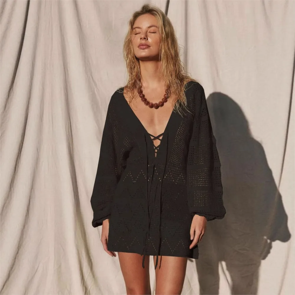 

Beach Vacation Dress Cover-up Summer Women's New Long-sleeved Fashion Strap Cardigan Sun Protection Dress Платье Женское