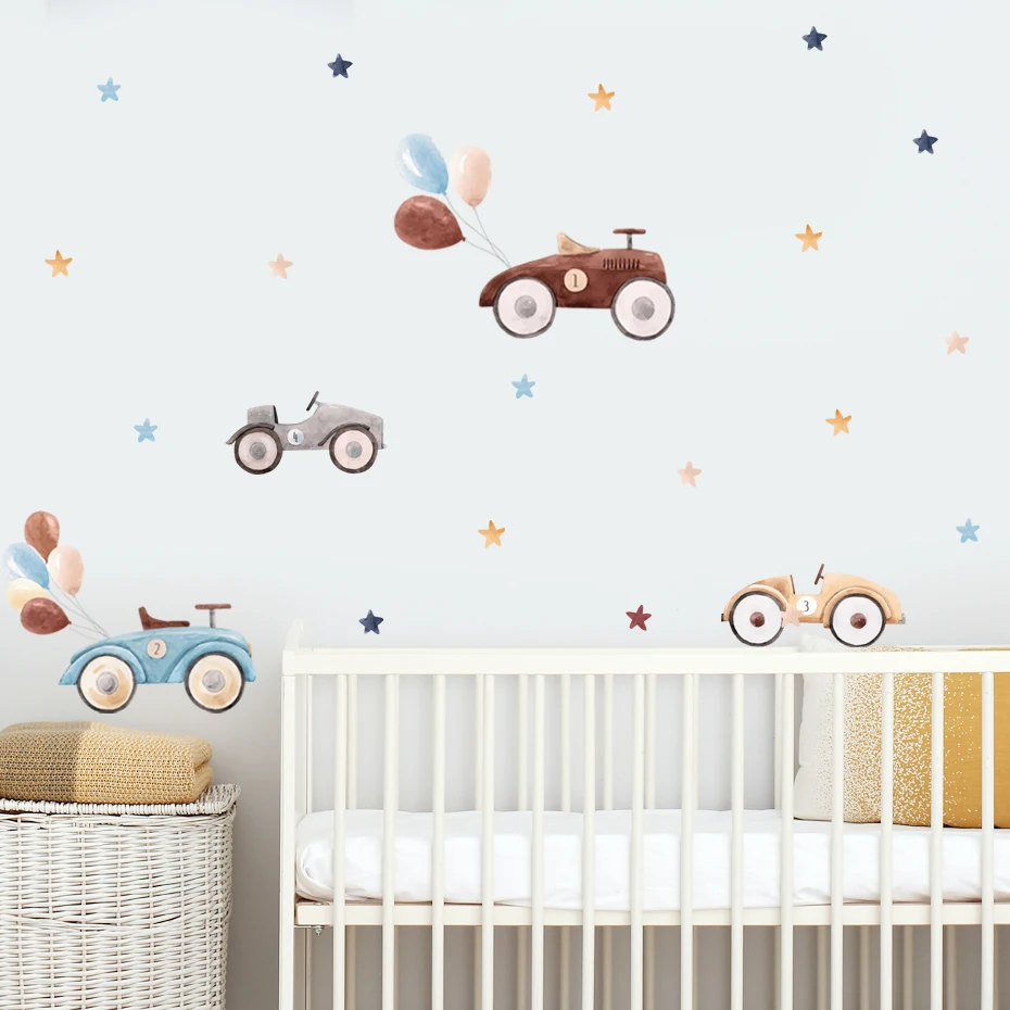 Cartoon Car Balloon Stars Nursery Sticker Watercolor Removable Children Poster DIY Wall Decals Art Print Kids Bedroom Home Decor