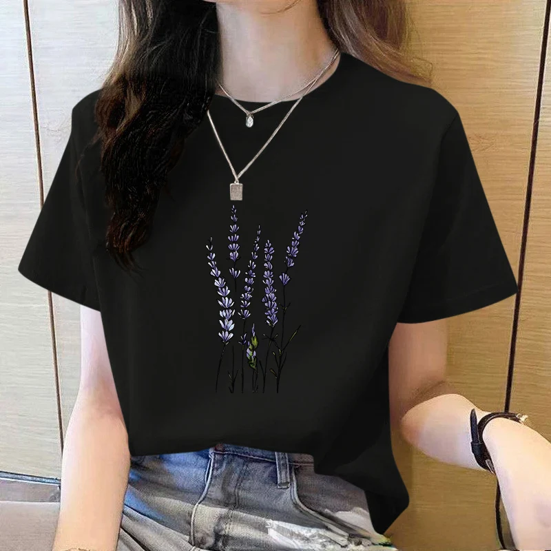 

Лето 2029, свободная женская футболка высокого качества с лавандовым узором и принтом, женская футболка с коротким рукавом с коротким рукавом CCXX183