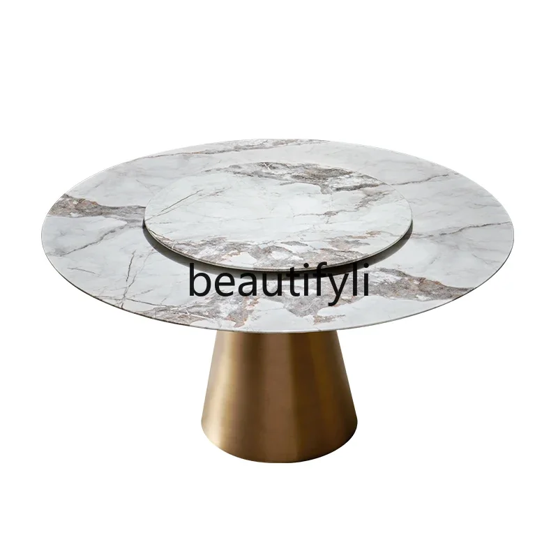 

Light luxury marble dining table combination high sense with turntable round dining table Italian minimalist