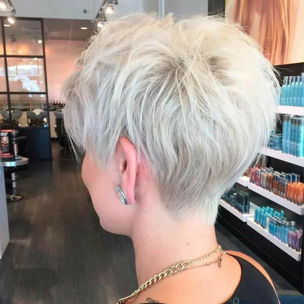 Парик из натуральных волос с стрижкой пикси Короткие серые многослойные вьющиеся парики с челкой Натуральные бразильские человеческие волосы Полный машинный парик