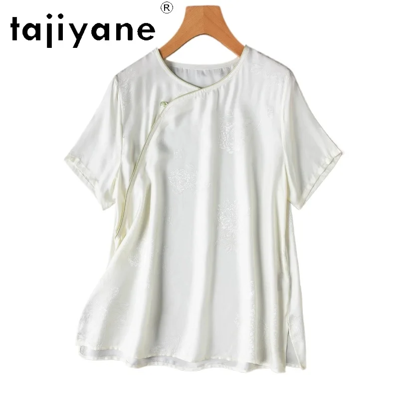 TAJIYANE 100% Mulberry Silk Women T Shirts White Jacquard T Shirt New Chinese Style Summer Tops for Woman Clothing 2026 футболка
