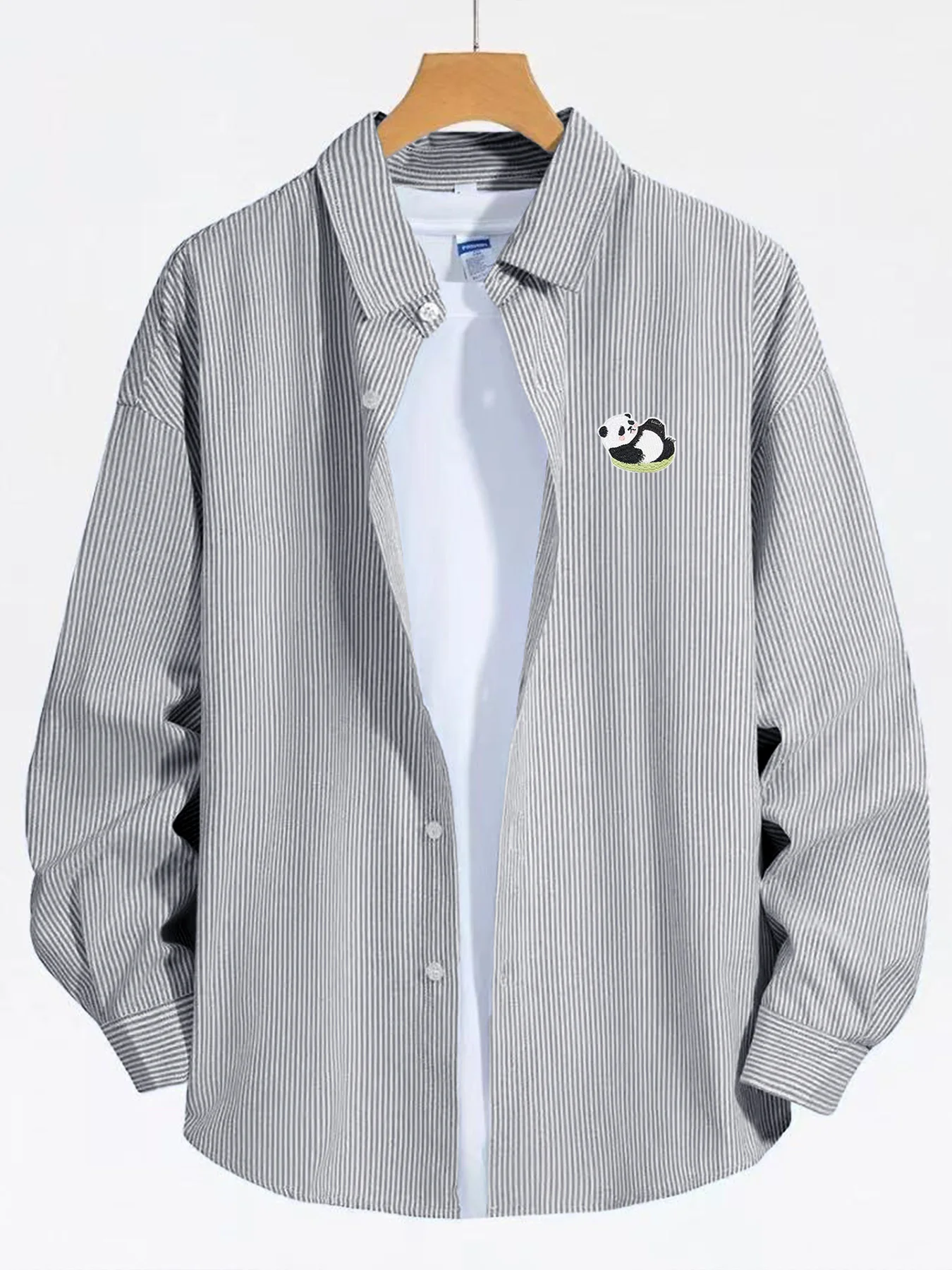 

Trendy men's striped shirt with a cute panda belly print, versatile casual layered shirt for spring and autumn