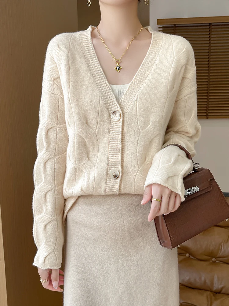 100% 메리노 울 여성용 브이넥 가디건 가을 겨울 보온성 높은 품질 긴 소매 루즈 캐주얼 우아한 버튼 스웨터