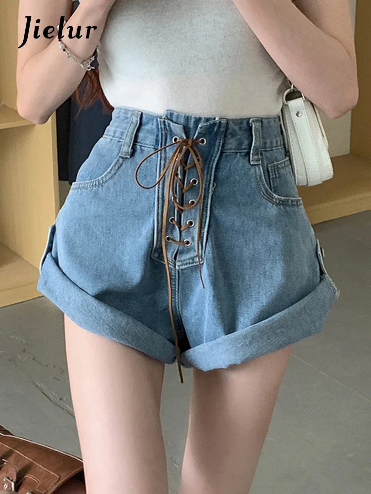 

Jielur Drawstring High Waist Cuffs Female Denim Shorts Straight Slim Solid Color Distressed Women's Pants Fashion Streetwear