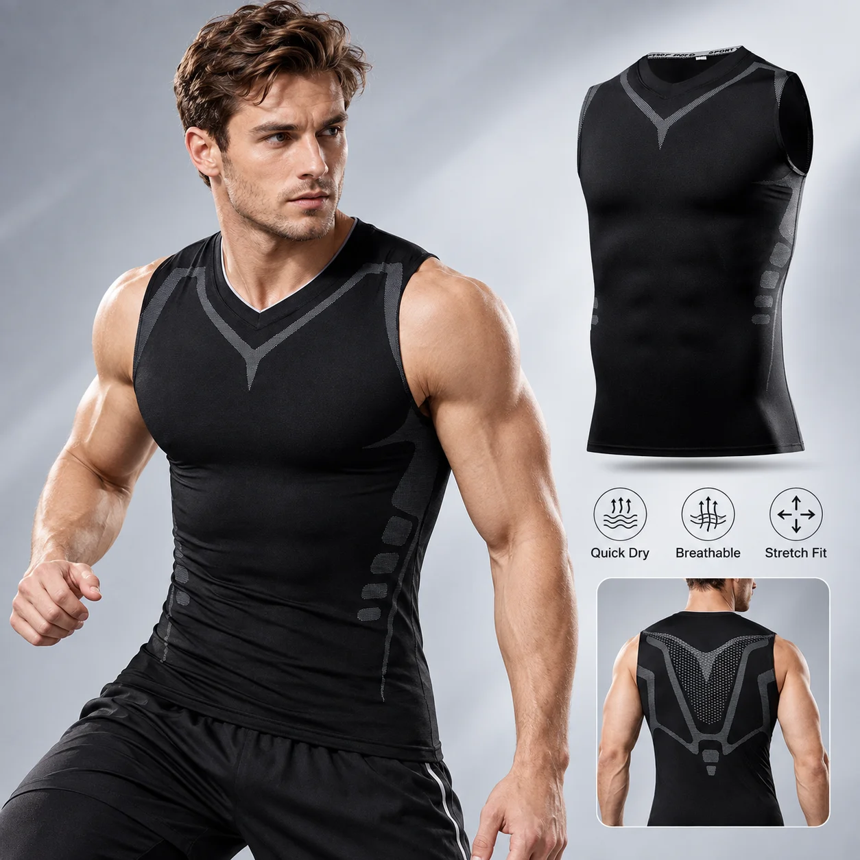 Men's Compression Tank Top Sleeveless Quick Dry Breathable Tight Fit Sports Vest for Gym Running Basketball Training Workout