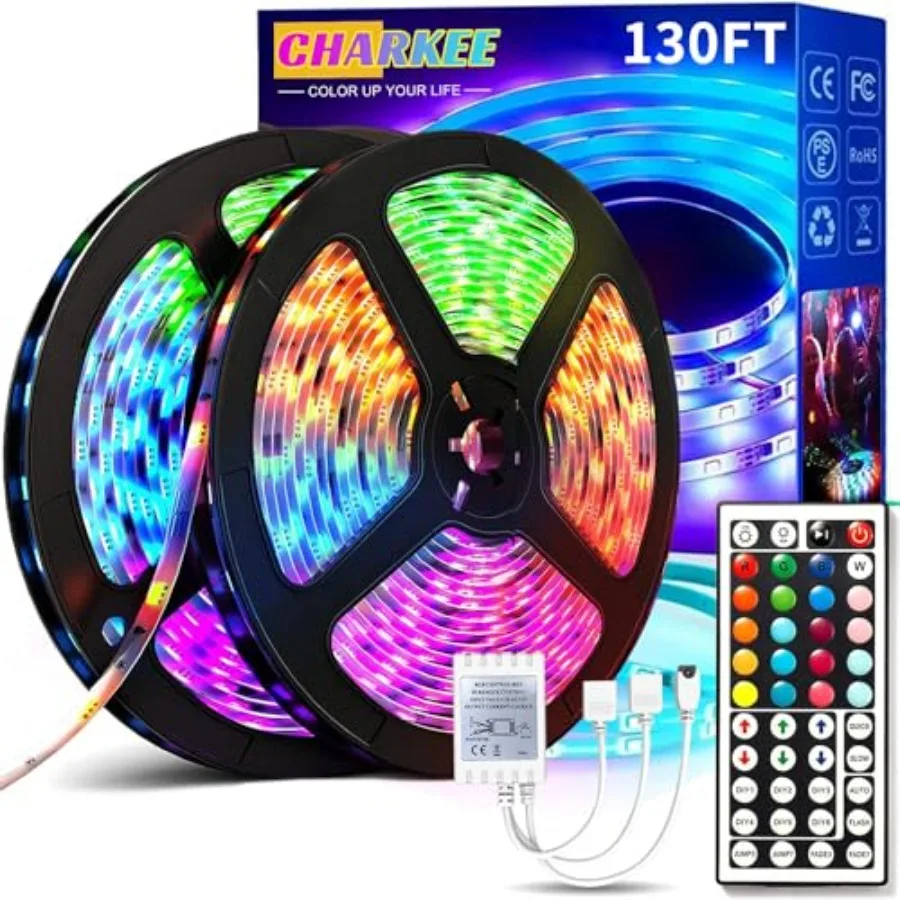 

LED Strip Lights 130Feet 2 Rolls of 65.6ft Ultra Long RGB Color Changing LED Light Strips Kit with 44Keys Remote for Bedroom, K