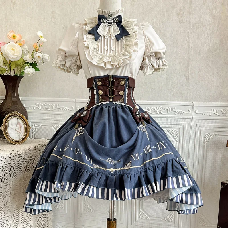 

Vintage Gothic Lolita Dress Set Women Sweet Princess Puff Sleeve Shirt Girdle Y2k Skirt 3 Piece Set Punk Halloween Party Outfits