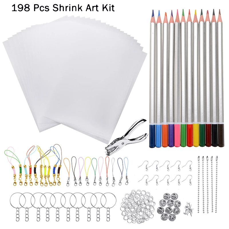 145/198/245Pcs Heat Shrink Plastic Set Shrinky Art Film Paper Sheet Punch Keychains Earring Pencils DIY Kit Drawing Art Supply