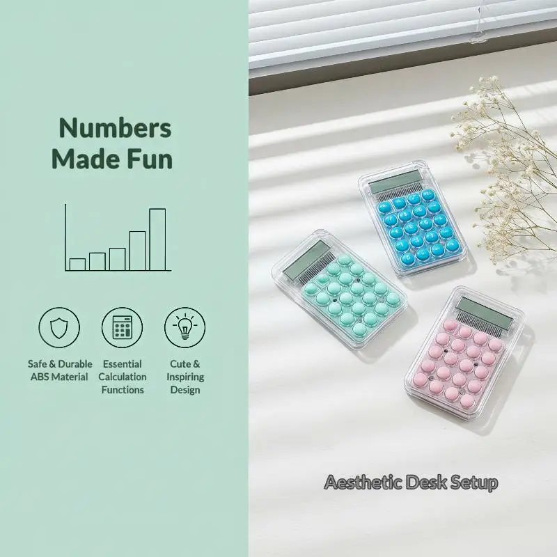 ∘Mini Calculator Silent Portable Lightweight Transparent Cute Colorful Pocket for School Office Exam Daily Use Basic Math