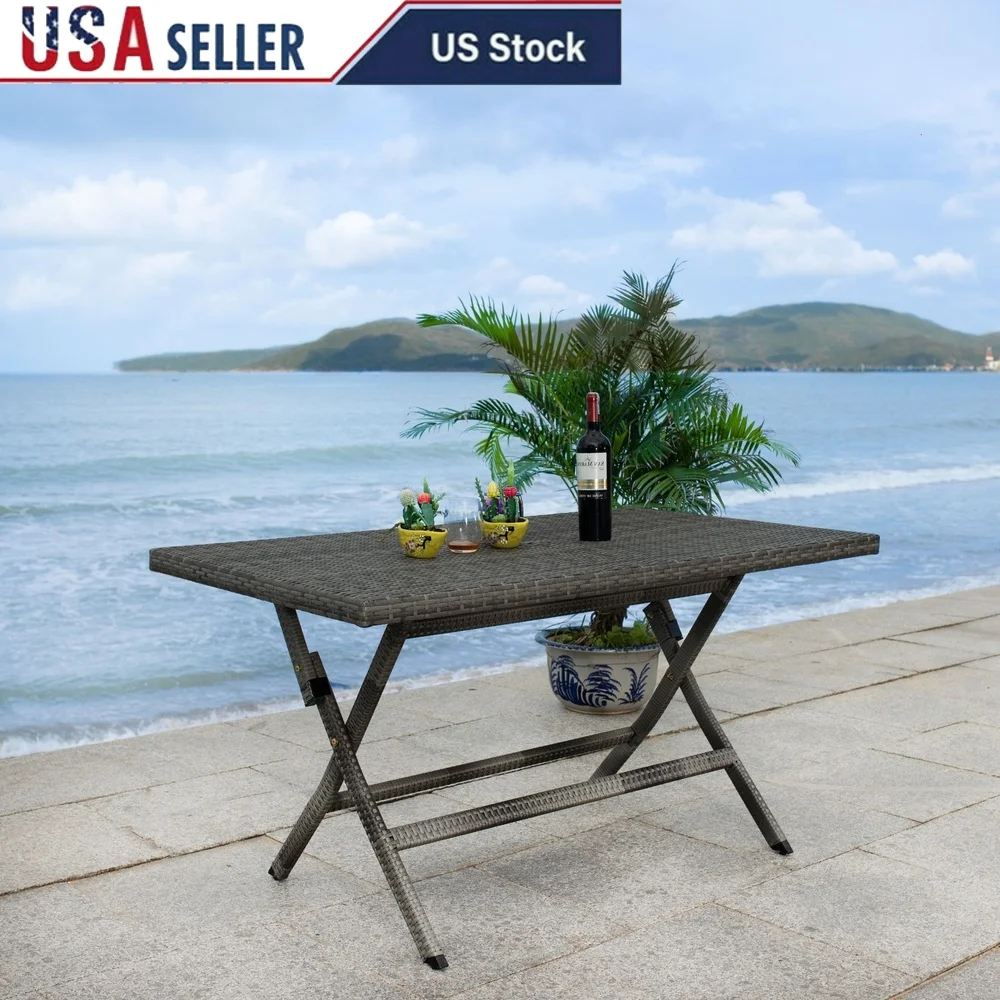 

Folding Outdoor Dining Table with Umbrella Hole Durable Steel Frame Easy Clean 6 Seating Capacity Modern Design Garden Patio