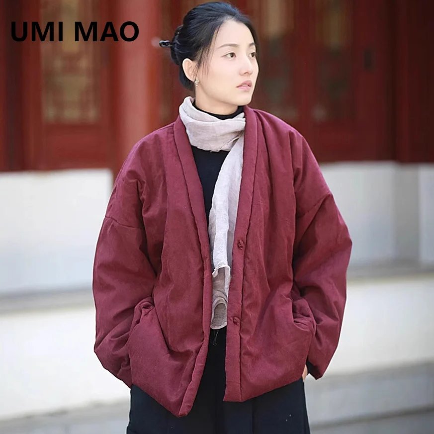 UMI MAO Winter Warm Copper Ammonia Velvet Cotton Hemp Artistic Coat Winter Cotton Jacket Chinese Style Cotton Clothes Y2K