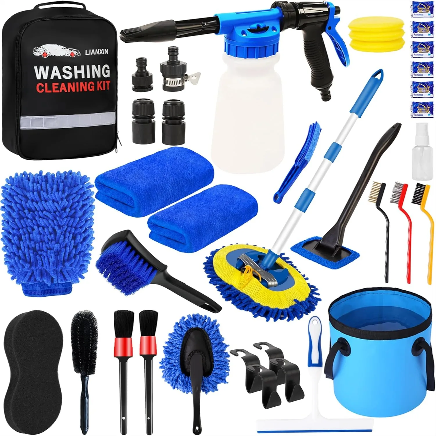 

37Pcs Car Wash Detailing Kit With Foam Gun Sprayer And Long Handle Foldable Brush For Interior And Exterior Cleaning
