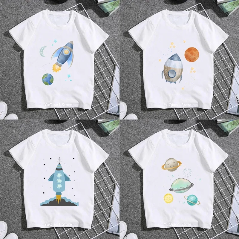 Baby Kids Outer Space Planets Print Tshirt Summer Top Boy's T-shirt Casual Short Sleeve White Birthday Gift 3-13yrs