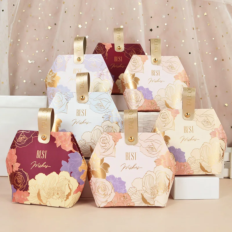 

5Pcs Wedding Paper Gift Boxes High Quality Flower Bronzing Chocolate Candy Cookie Packaging Wedding Party Gift For Guests
