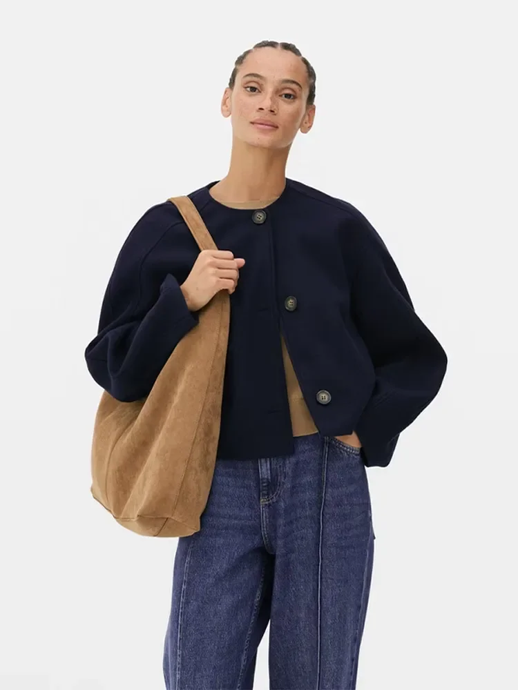 

Повседневное однотонное шерстяное укороченное пальто, женские однобортные свободные куртки с круглым вырезом и длинными рукавами, осень-зима 2021, модная женская верхняя одежда