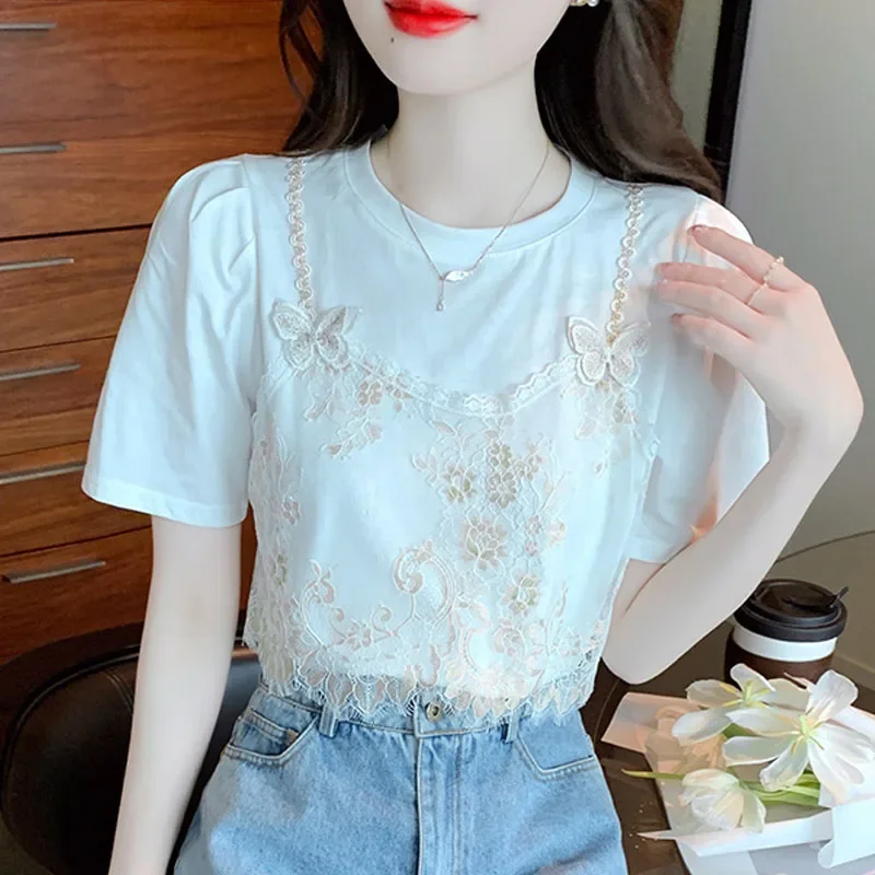 Summer Short Sleeve Women T-shirt Sweet O-neck White Tops Lace Patchwork Blouse Elegant Casual Clothing