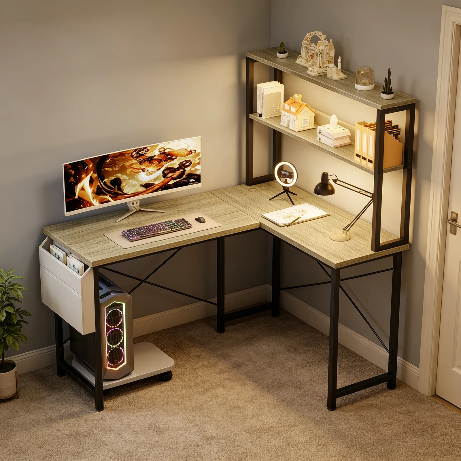148cm L-förmiger Gaming Schreibtisch mit Regal & RGB LED Beleuchtung, Eckschreibtisch Computertisch, Integrierter Steckdose