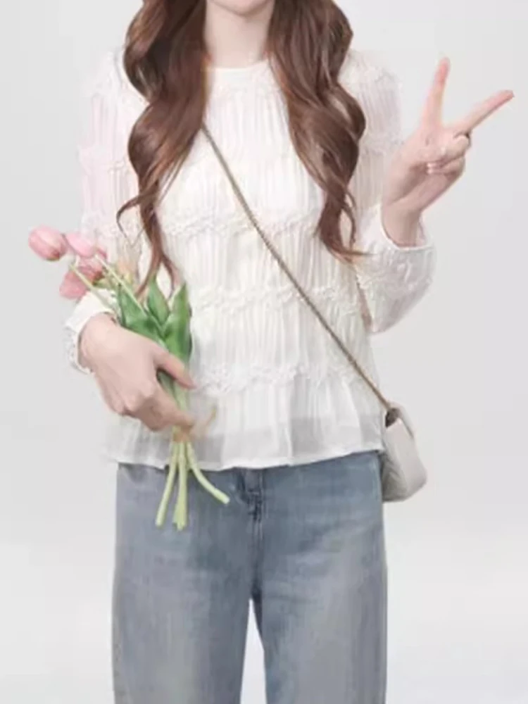 

Ele Sweet Gentle Texture Sensation Chiffon Long Sve irt Korean Sle Super Beautiful Faionable Youthful Commute