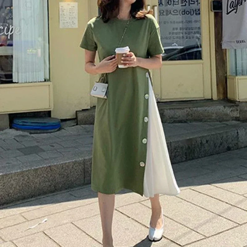 Robe d'été à manches courtes pour femmes, faux vêtements deux pièces, t-shirt à boutons, style coréen, document d'abonnés, patchwork