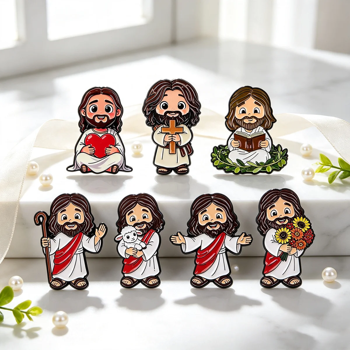 7-teiliges Set Kawaii Cartoon Jesus Glaube Kreuz Metall-Emaille-Pins Abzeichen für Rucksack Kleidung Accessoires Schmuck Geschenk für Freunde – Detail 6